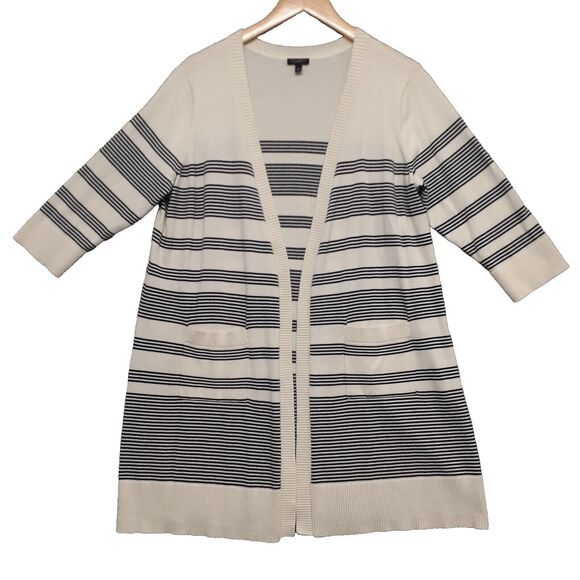 Talbots 100% Pima Cotton Ivory and Black Stripe Sweater Duster Cardigan Size 1XP - Picture 1 of 7
